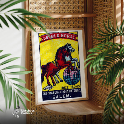 Double Horse - vintage matchbox label print - office wall