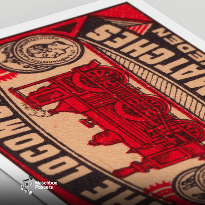 Red Locomotive - vintage matchbox label print - close-up detail