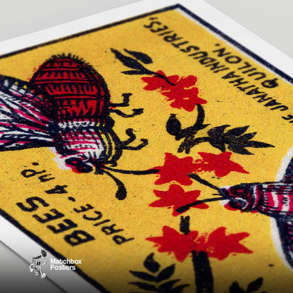 Two Bees - vintage matchbox label print - close-up detail