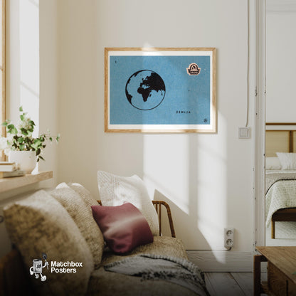 Black Silhouette Of Earth - vintage matchbox label print - living room mockup
