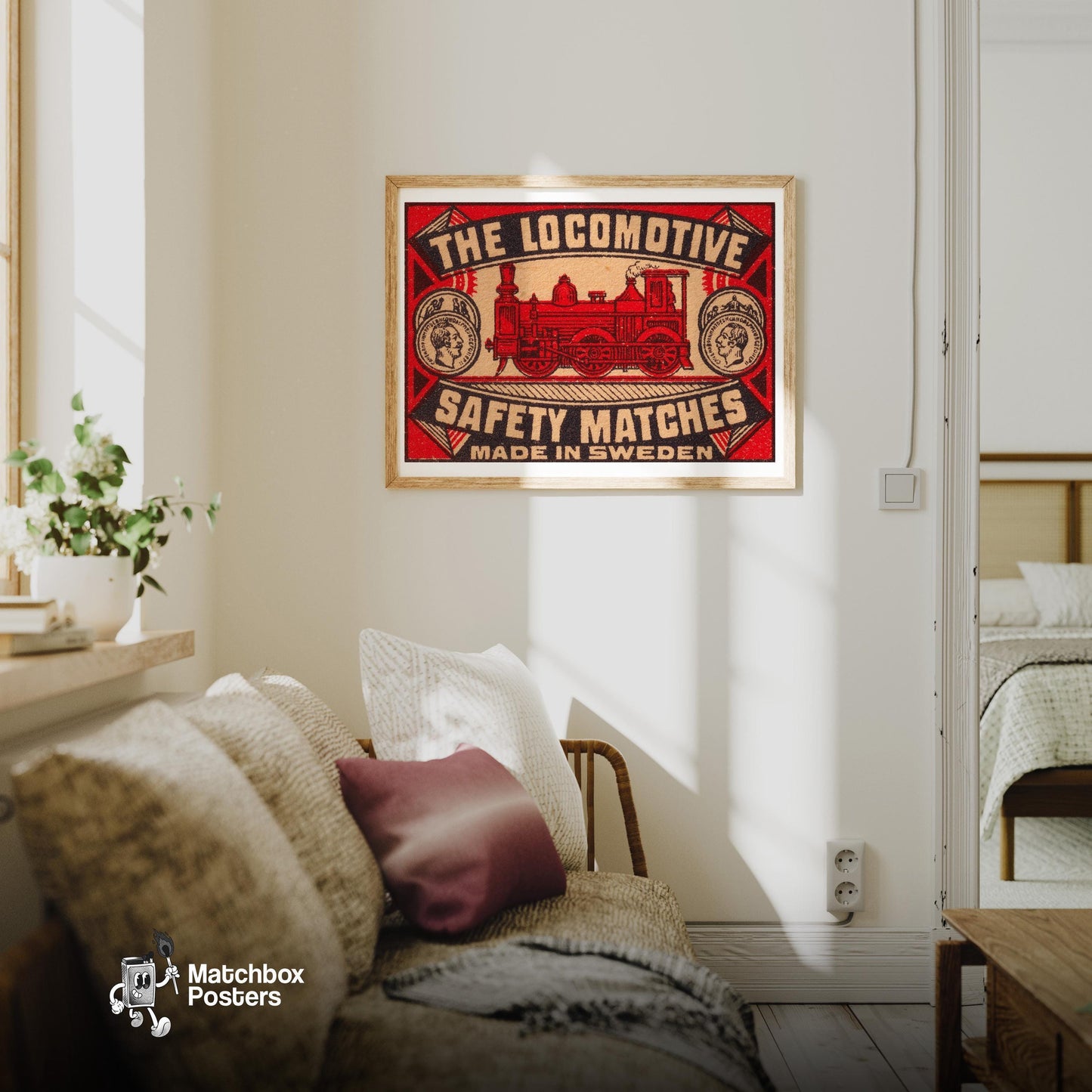 Red Locomotive - vintage matchbox label print - living room mockup