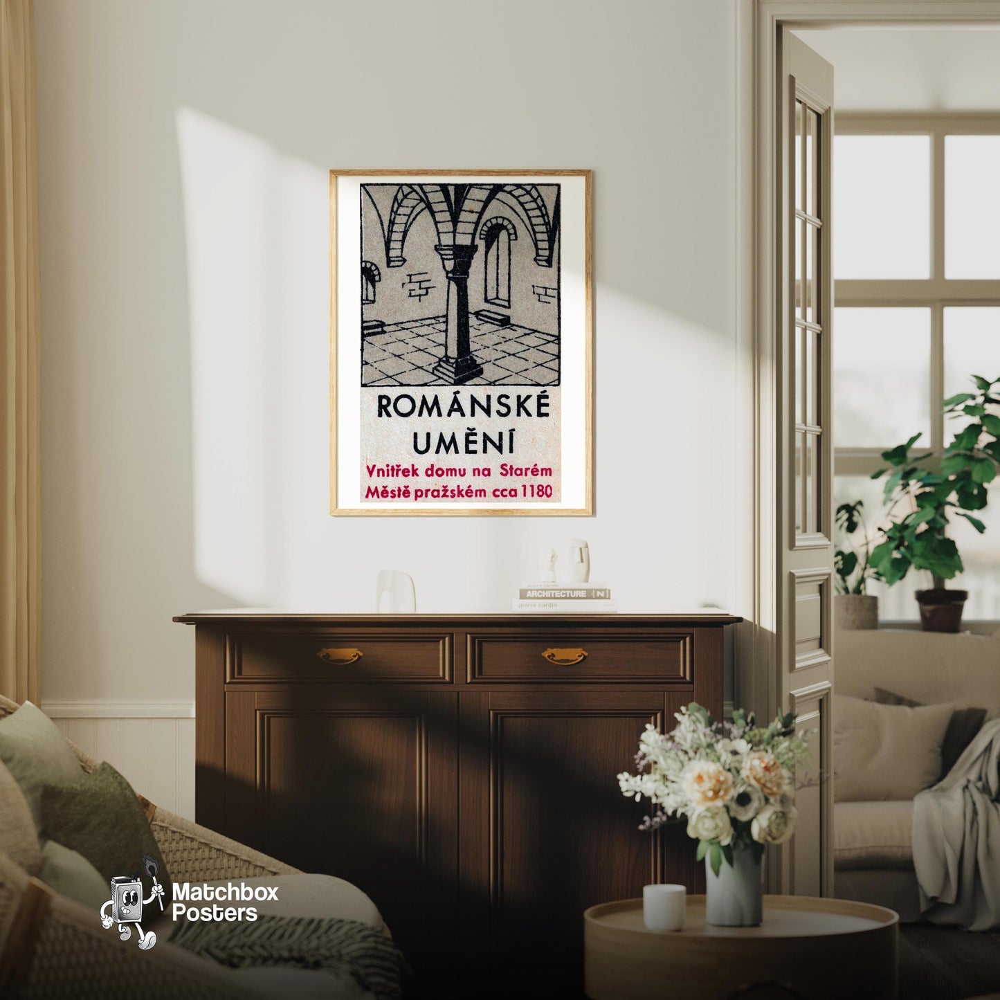 Romanesque Column - vintage matchbox label print - living room mockup