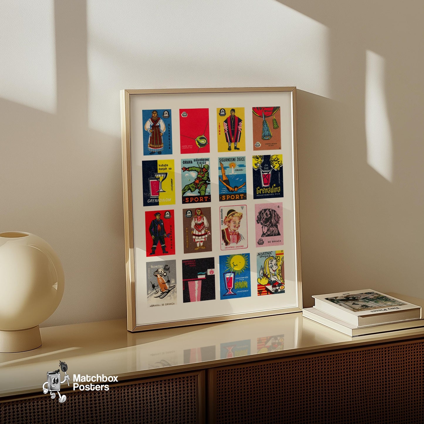 Folk Costumes - vintage matchbox label print - bedroom mockup
