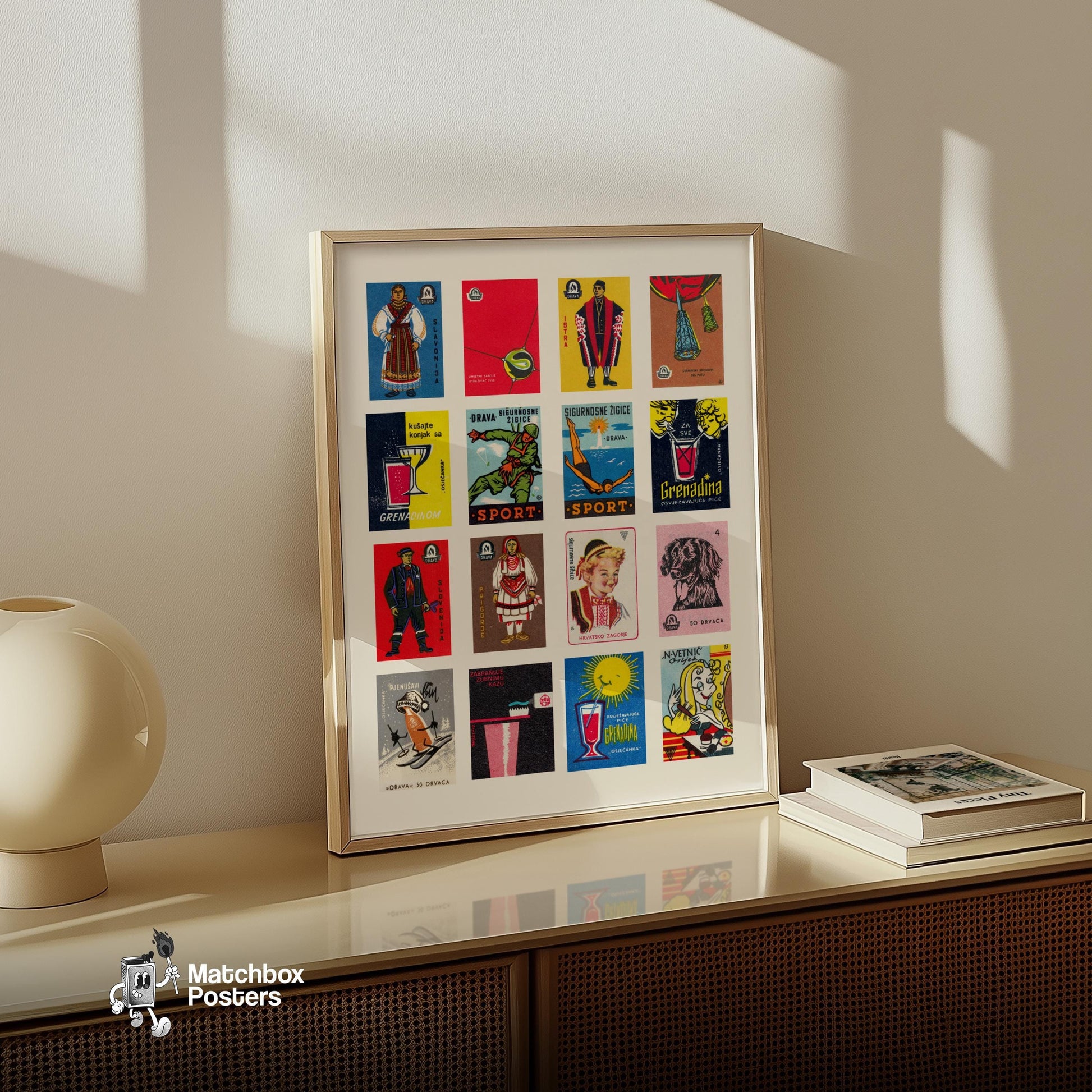 Folk Costumes - vintage matchbox label print - bedroom mockup