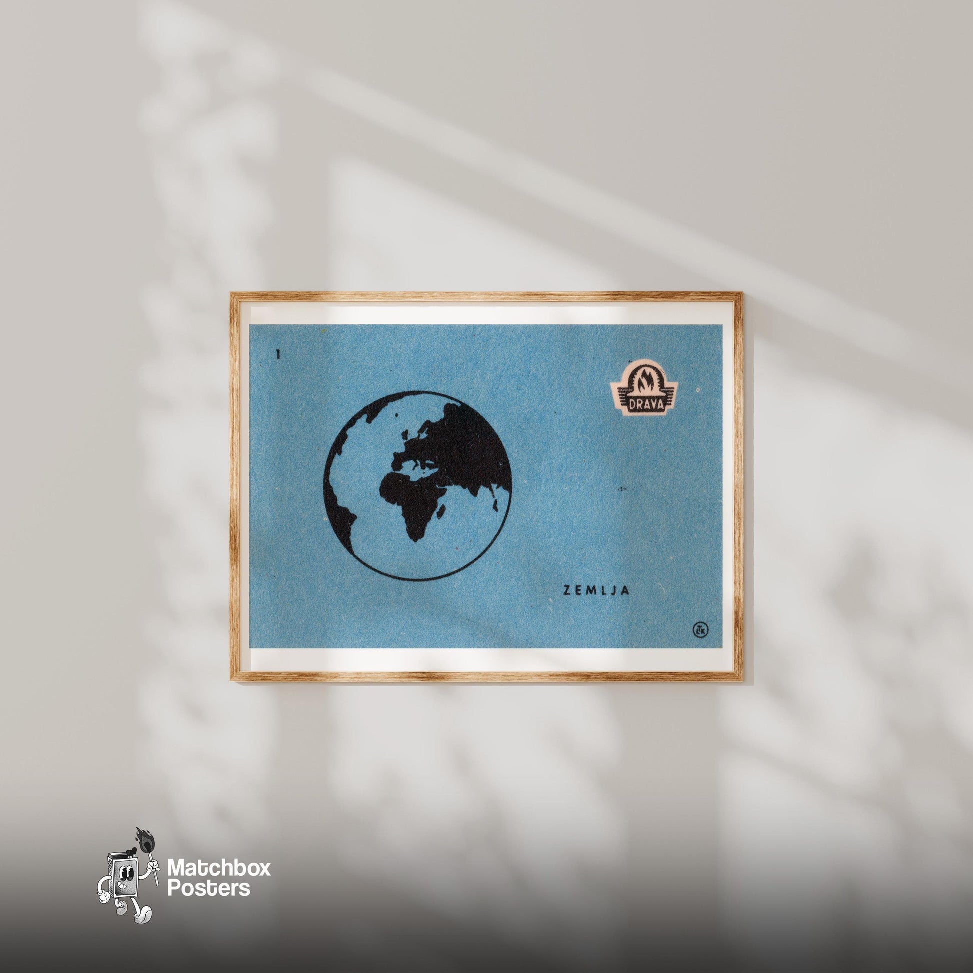 Black Silhouette Of Earth - vintage matchbox label print - bedroom mockup