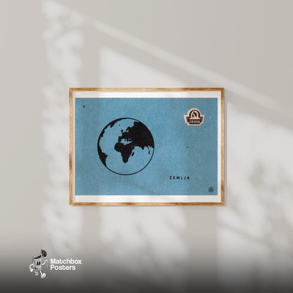 Black Silhouette Of Earth - vintage matchbox label print - bedroom mockup