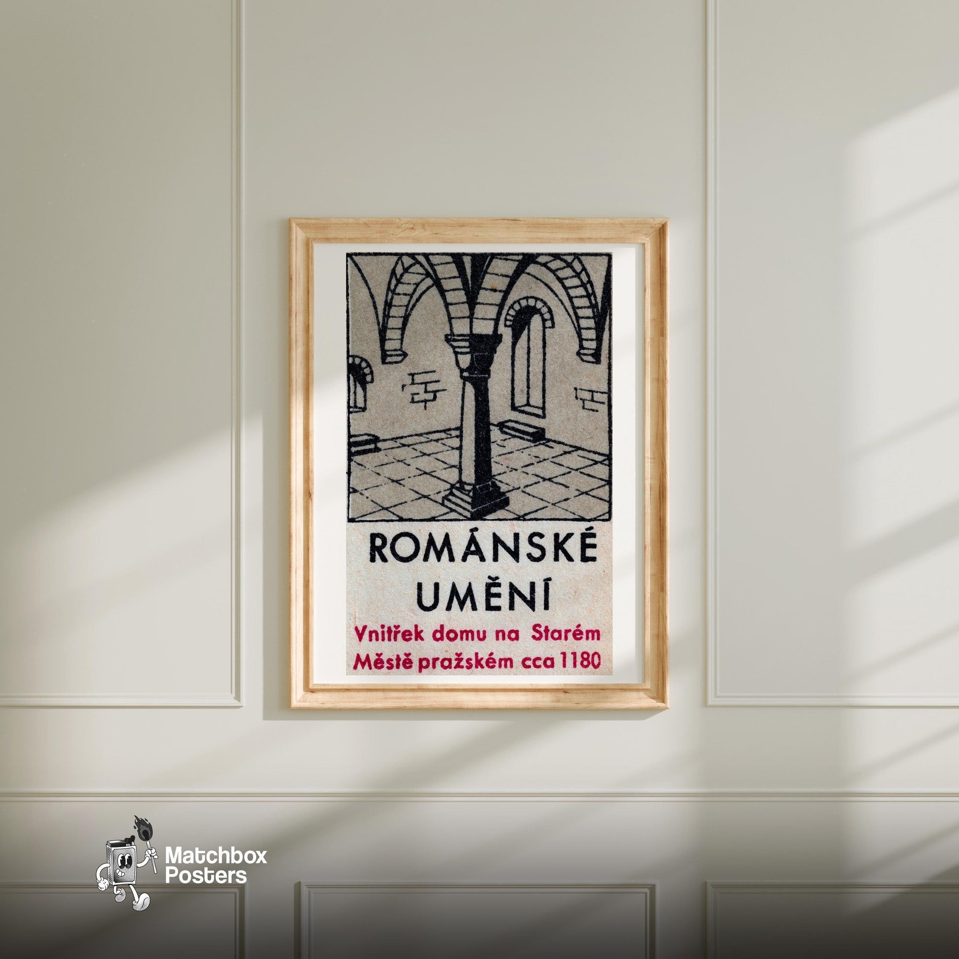 Romanesque Column - vintage matchbox label print - bedroom mockup