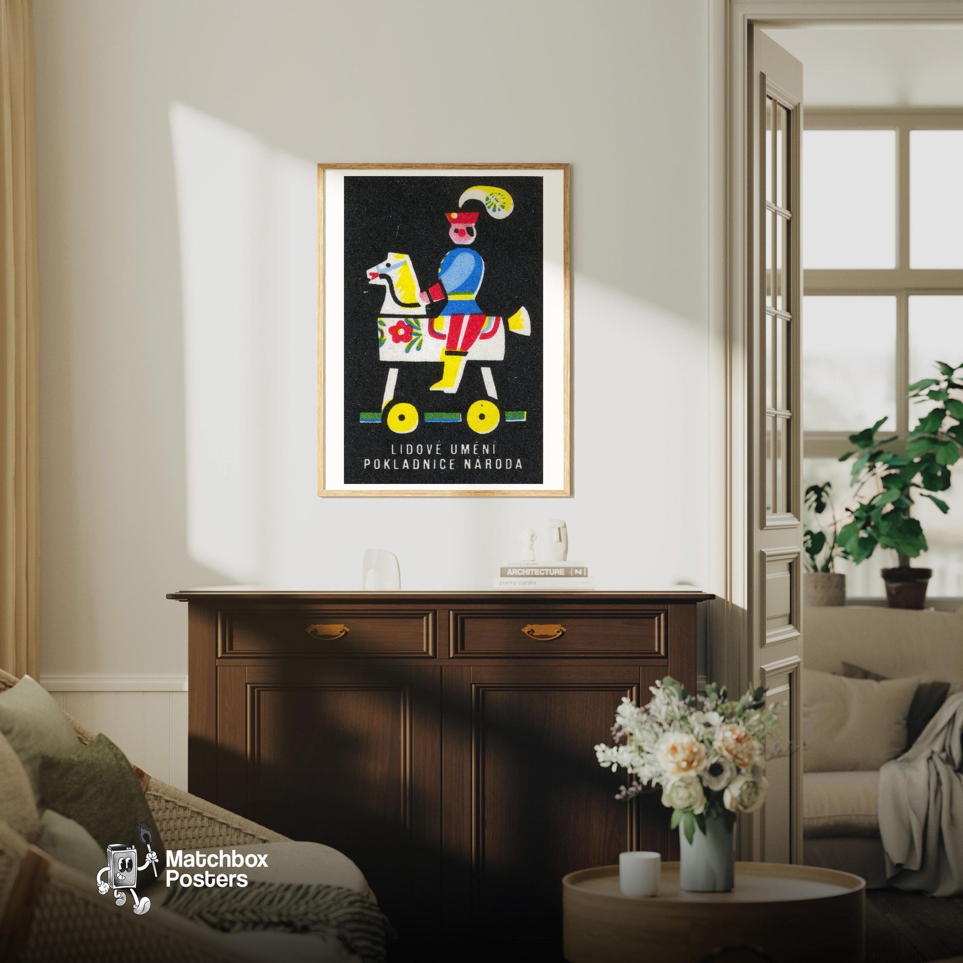 Toy Horse Rider - vintage matchbox label print - living room mockup
