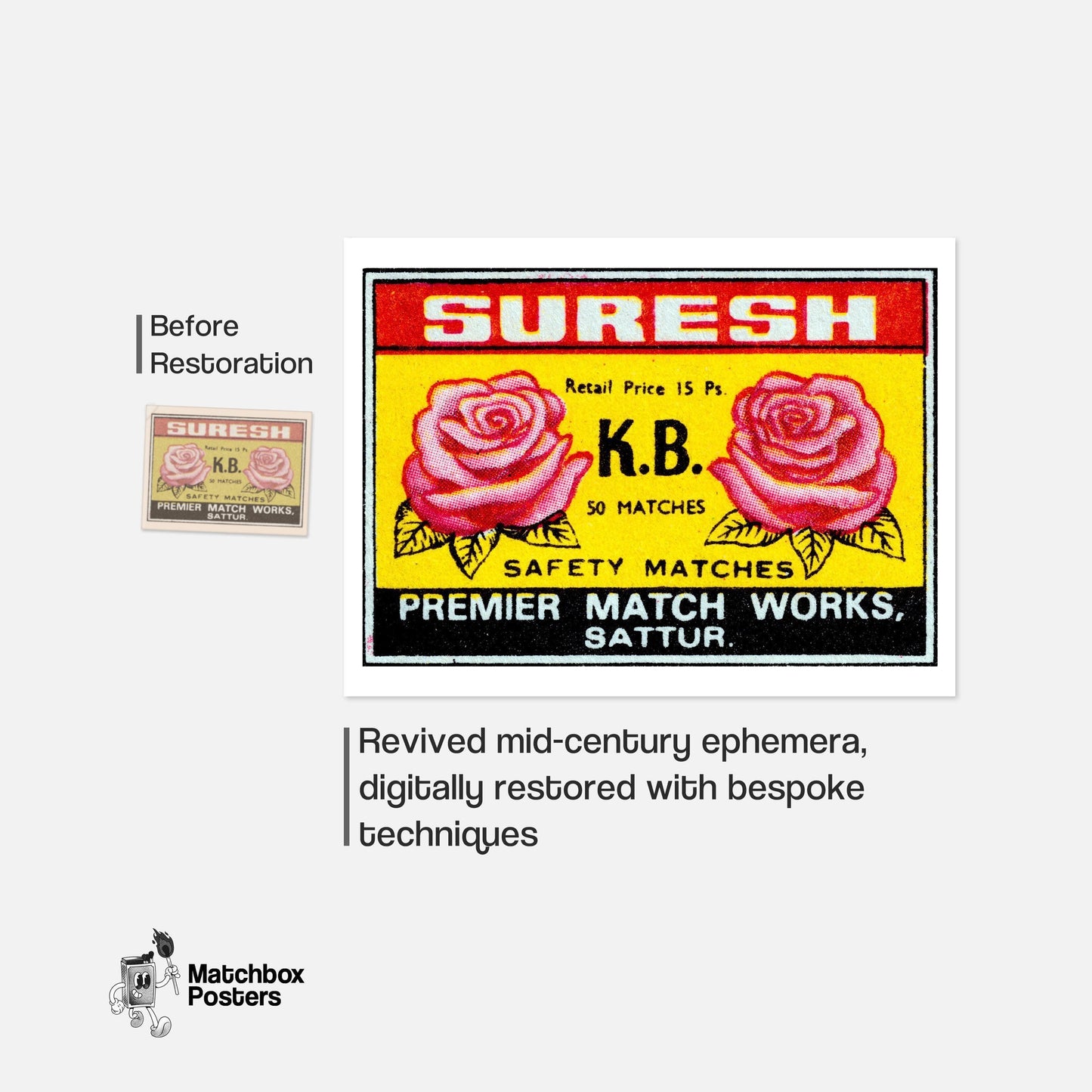 Two Pink Roses - vintage matchbox label print - framed wall art preview