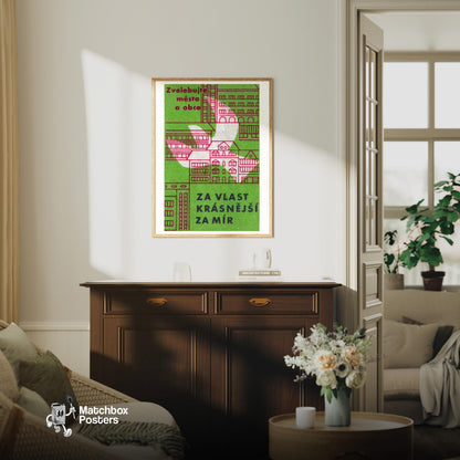 Peace for Beautiful Cities - vintage matchbox label print - living room mockup