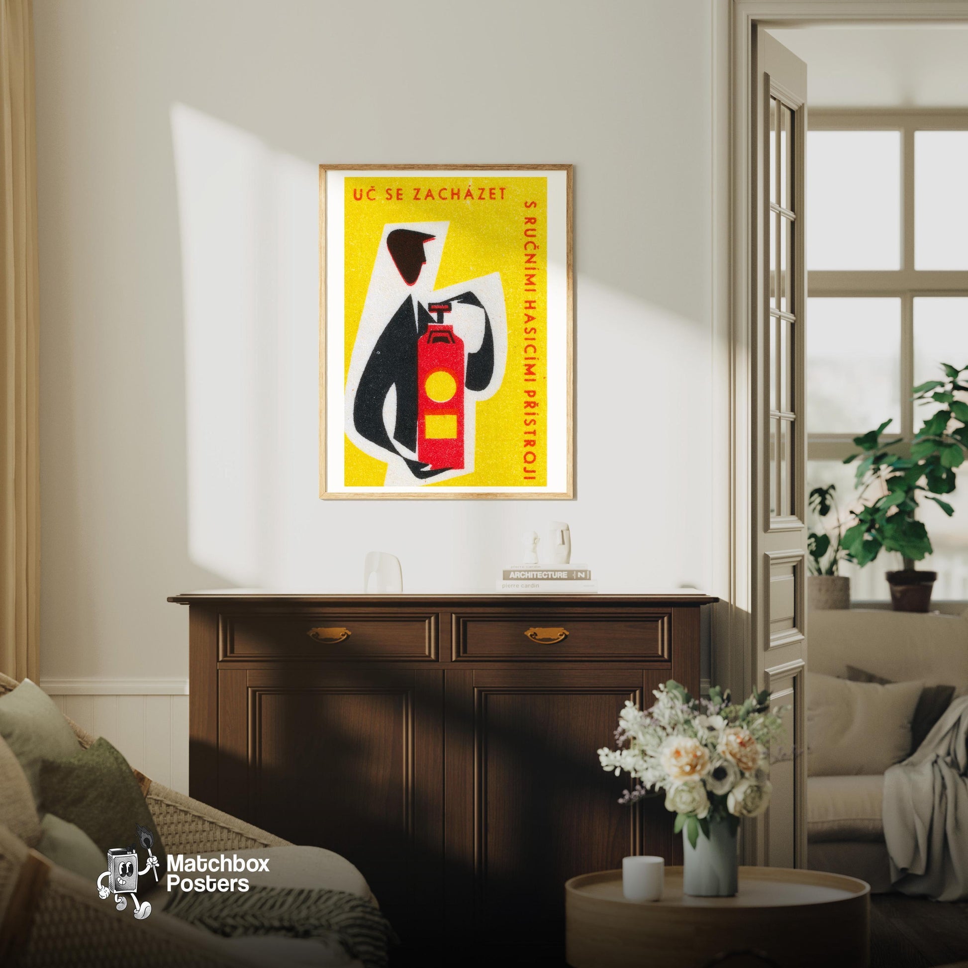 Abstract Representation Of A Fire Extinguisher - vintage matchbox label print - living room mockup