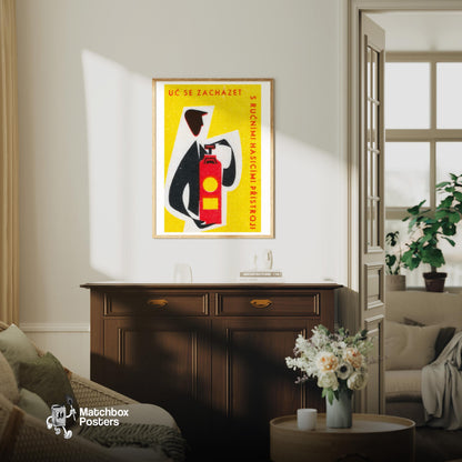 Abstract Representation Of A Fire Extinguisher - vintage matchbox label print - living room mockup
