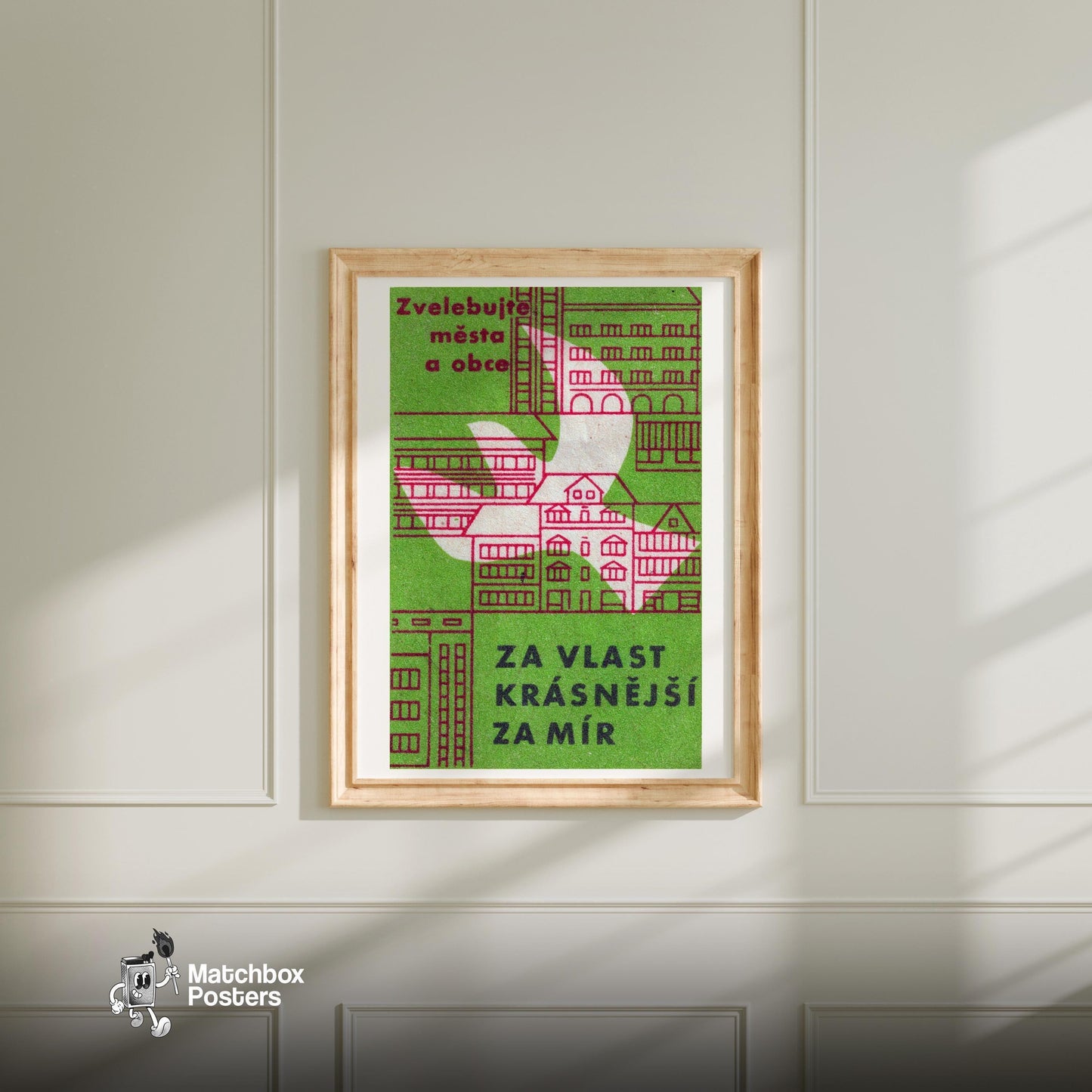 Peace for Beautiful Cities - vintage matchbox label print - bedroom mockup