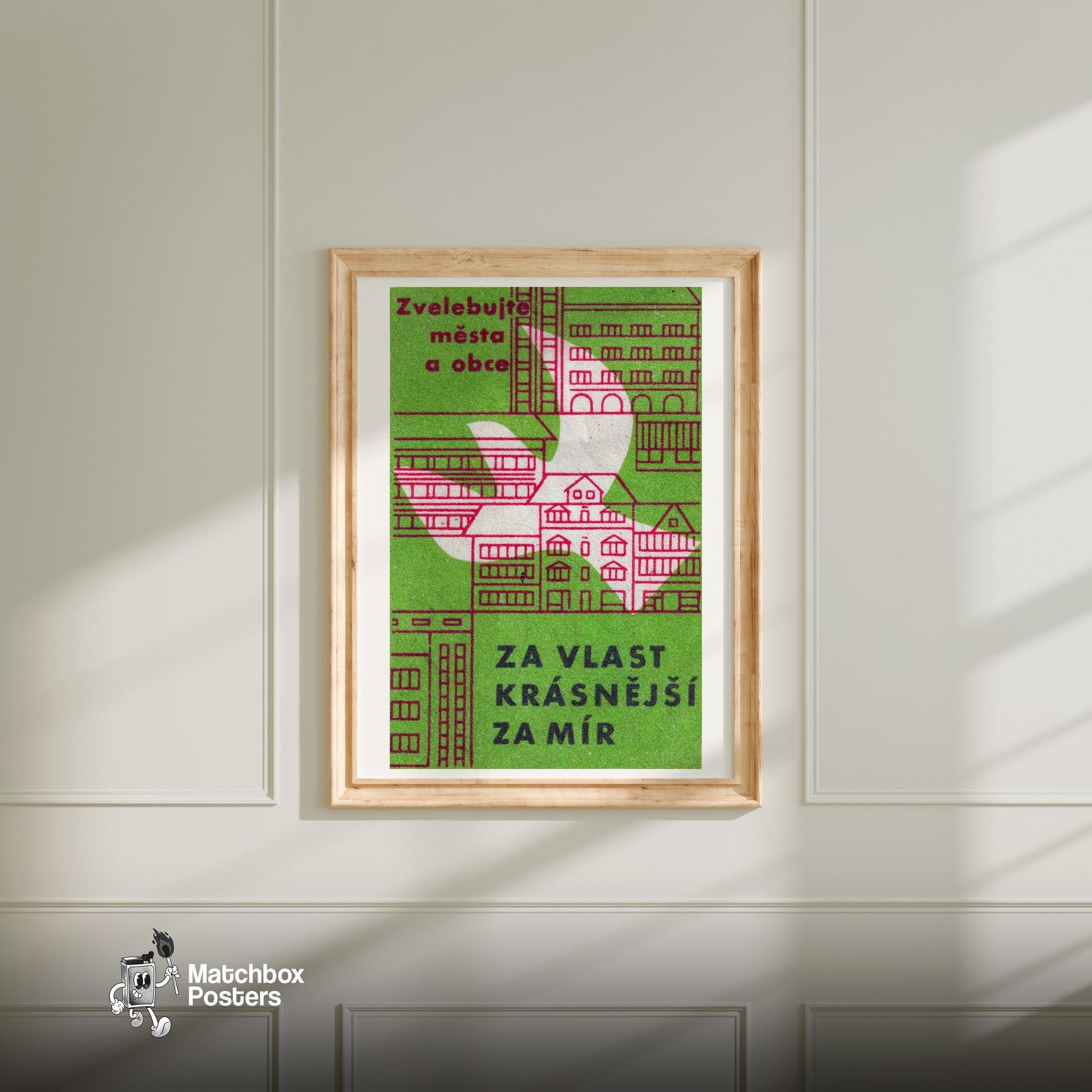 Peace for Beautiful Cities - vintage matchbox label print - bedroom mockup