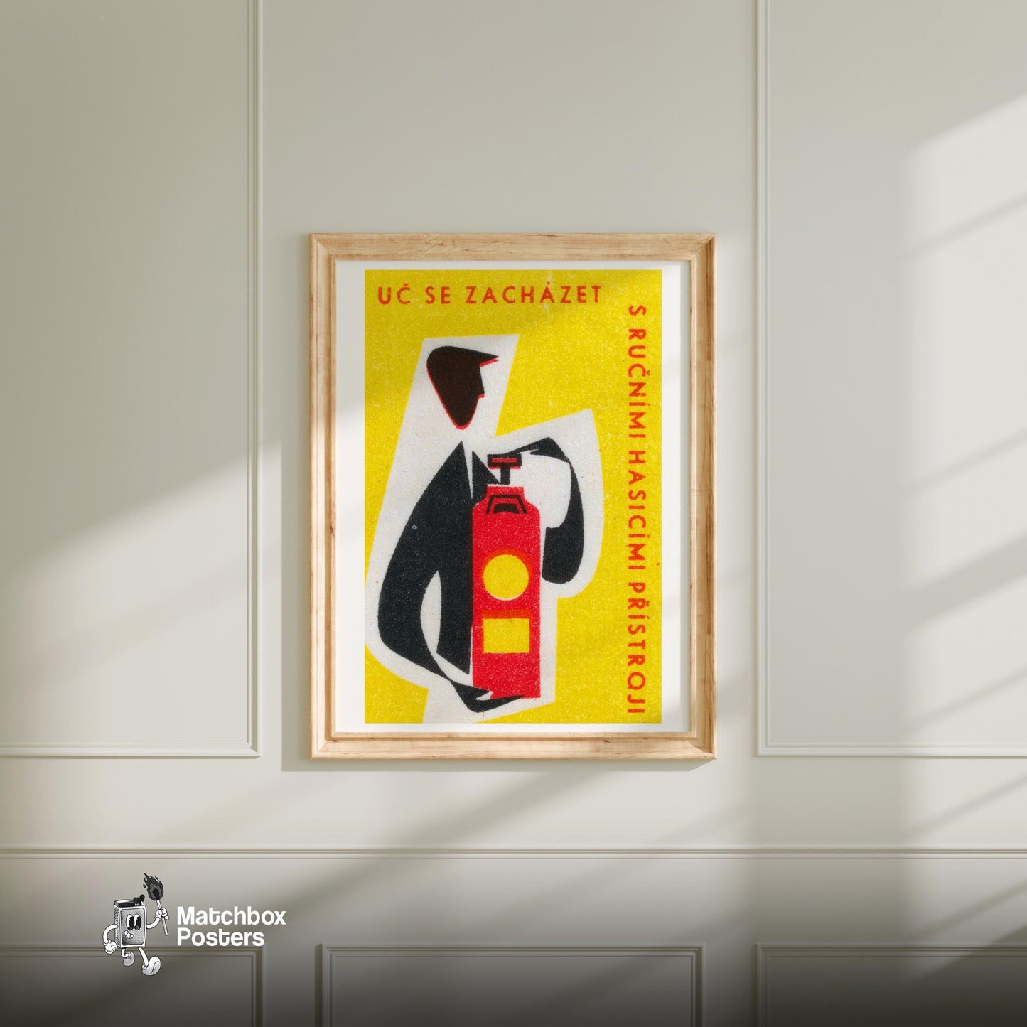 Abstract Representation Of A Fire Extinguisher - vintage matchbox label print - bedroom mockup
