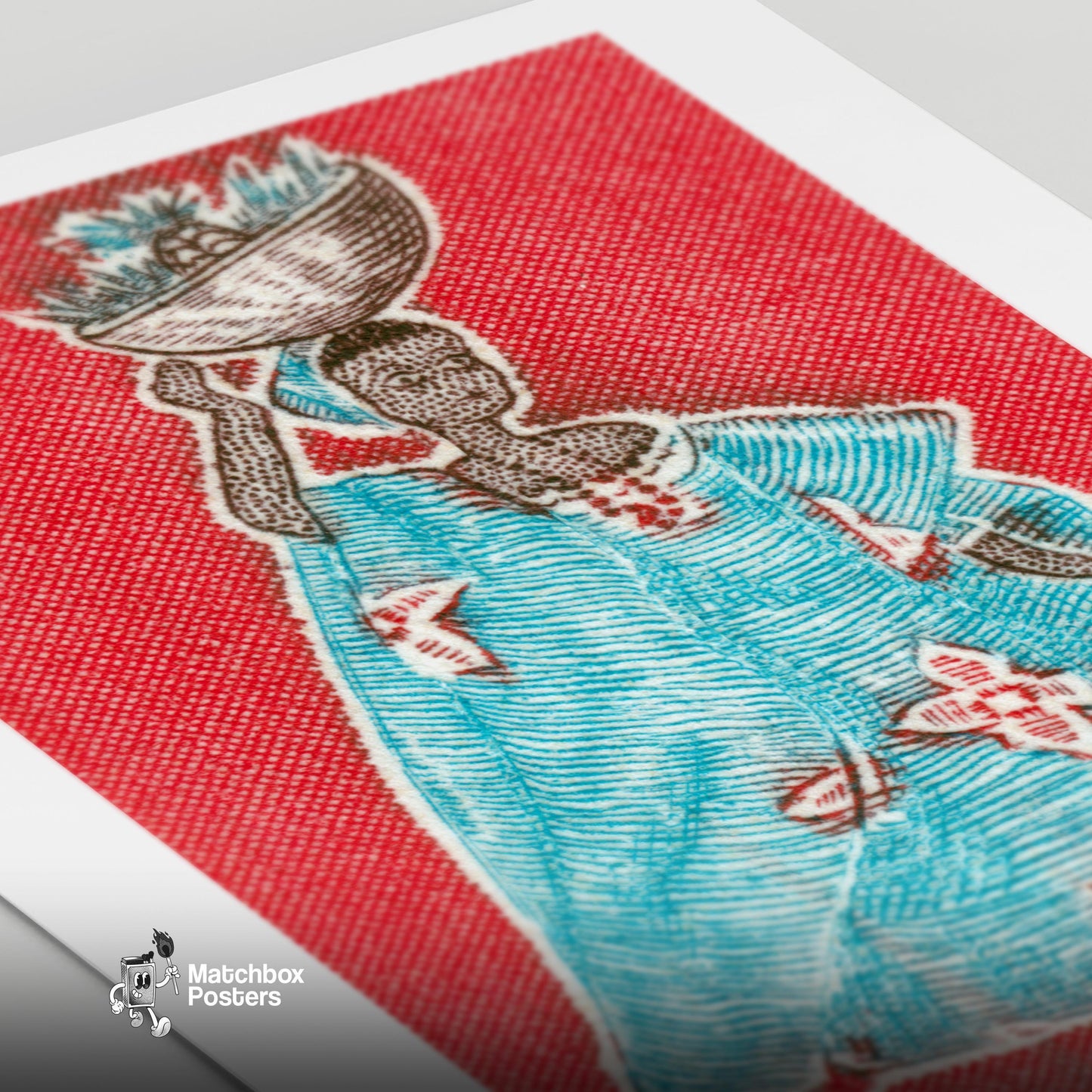 Woman with Bowl - vintage matchbox label print - close-up detail