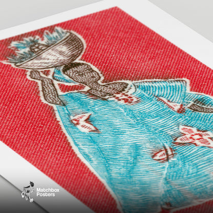 Woman with Bowl - vintage matchbox label print - close-up detail