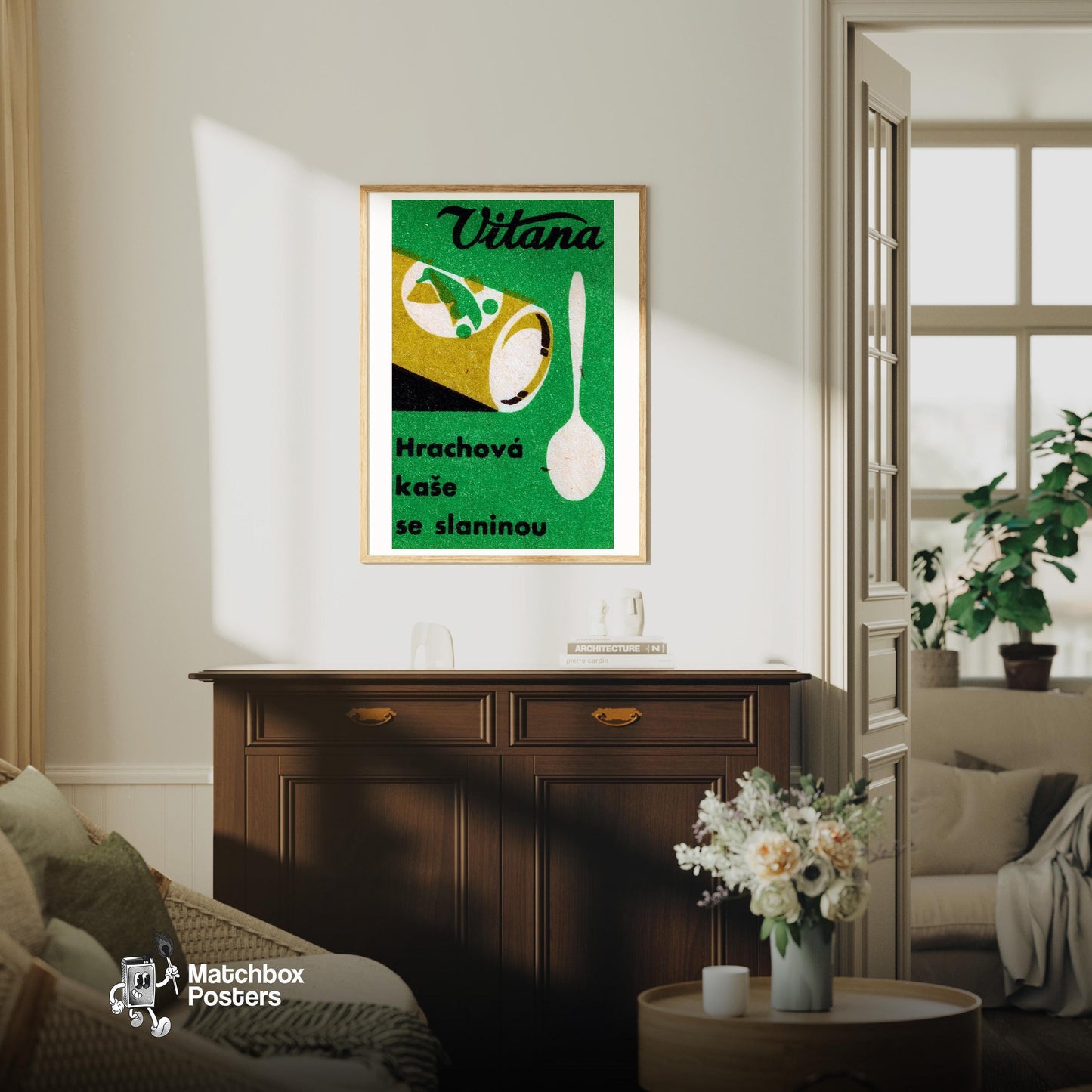 Canned Food Spoon - vintage matchbox label print - living room mockup