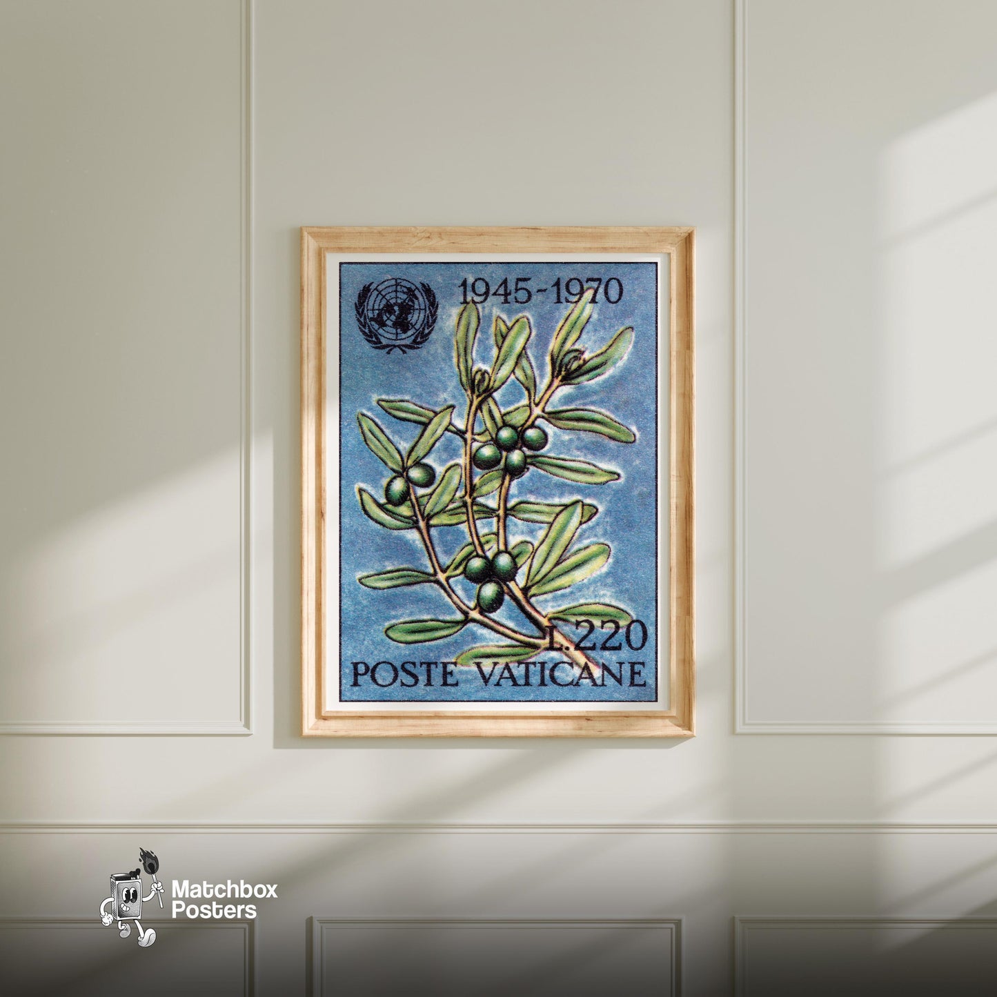 Olive Branch - vintage matchbox label print - bedroom mockup