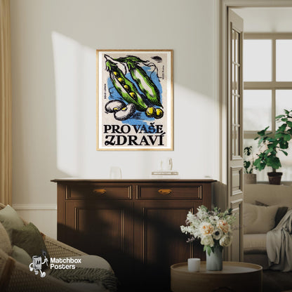 Green Peas - vintage matchbox label print - living room mockup