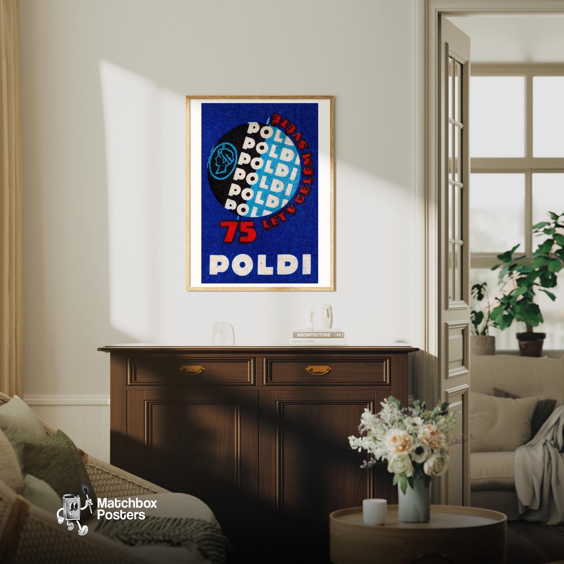 75 Years of Television - vintage matchbox label print - living room mockup