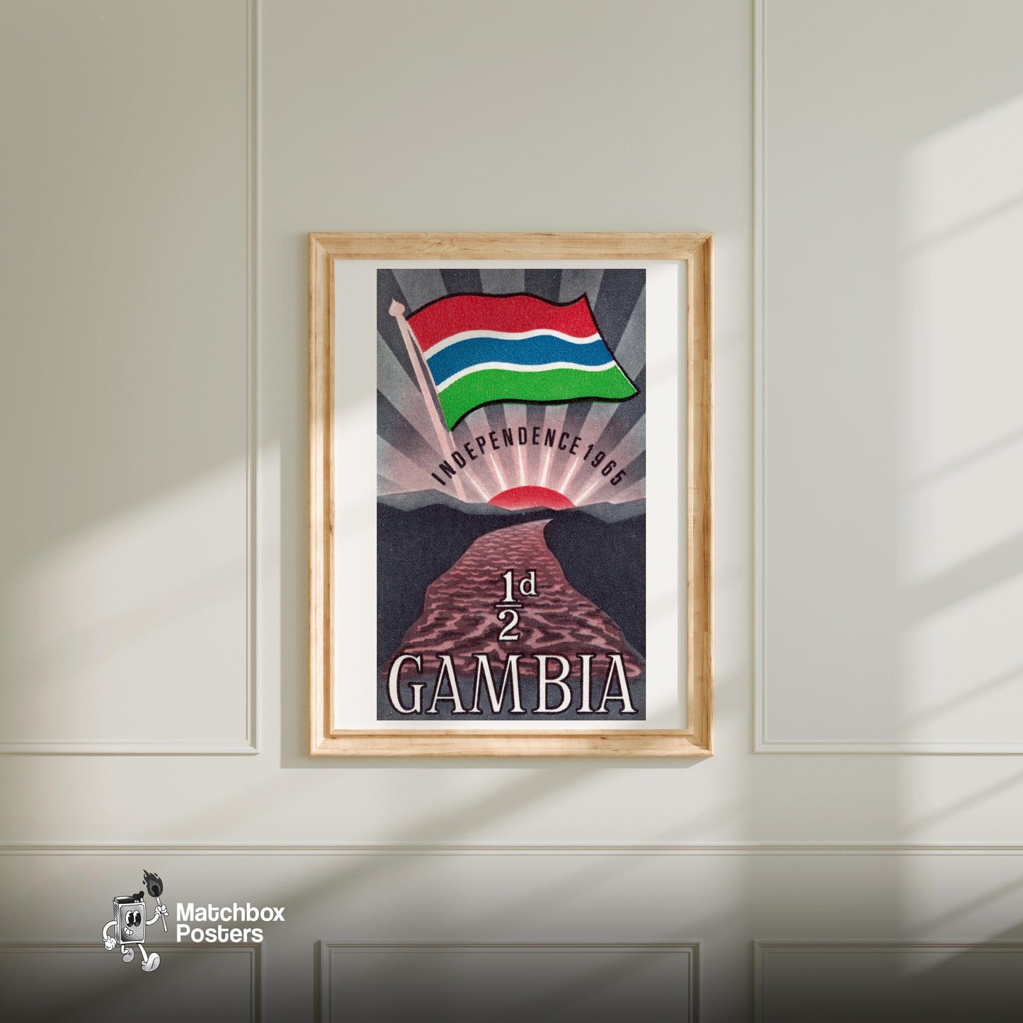Gambia Independance - vintage matchbox label print - bedroom mockup