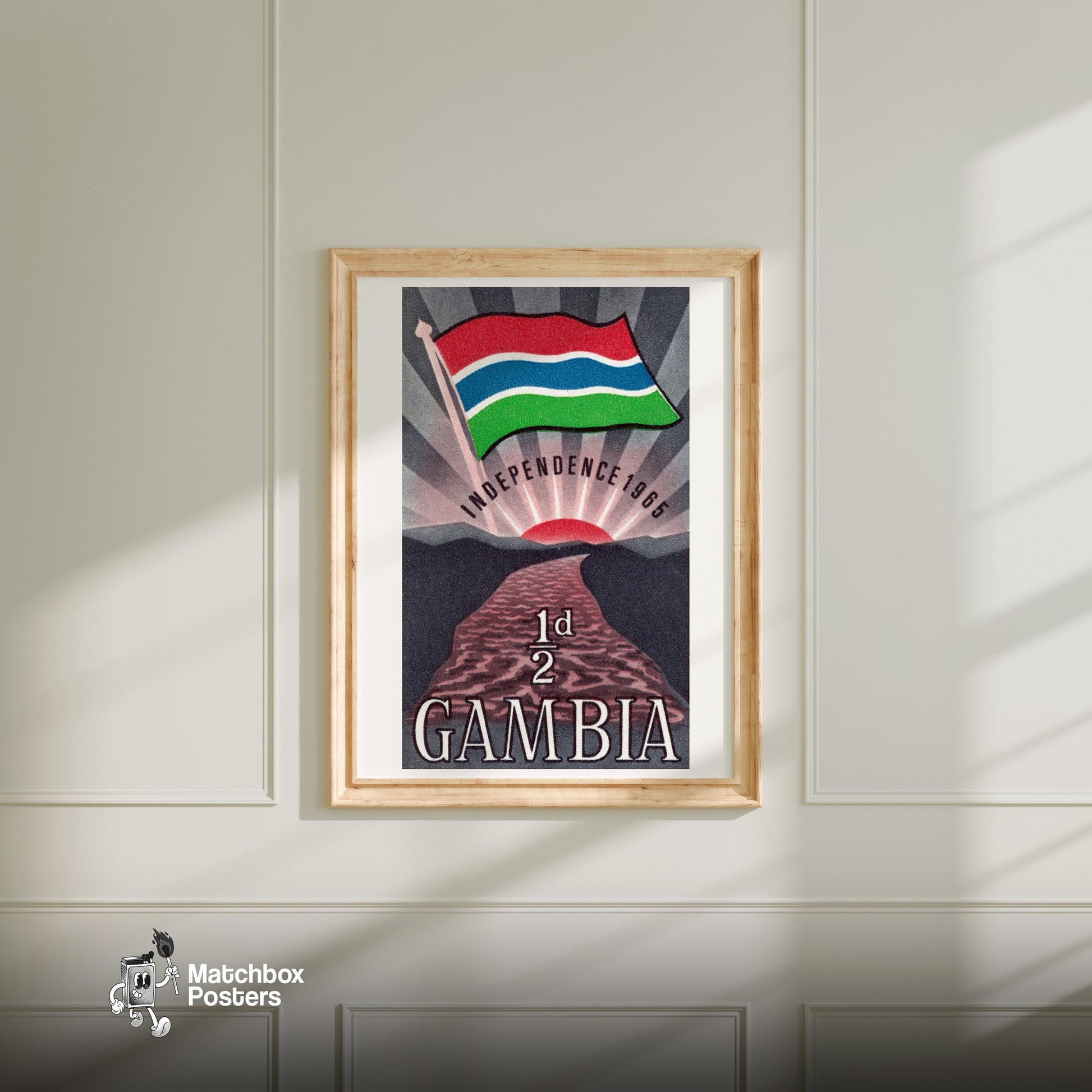 Gambia Independance - vintage matchbox label print - bedroom mockup