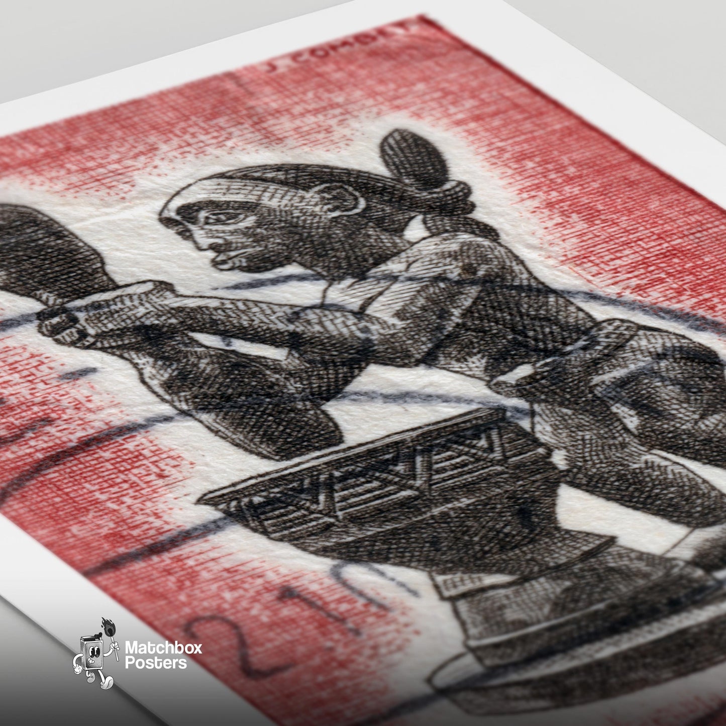 African Statue Holding A Drum - vintage matchbox label print - close-up detail