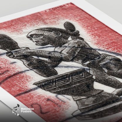 African Statue Holding A Drum - vintage matchbox label print - close-up detail