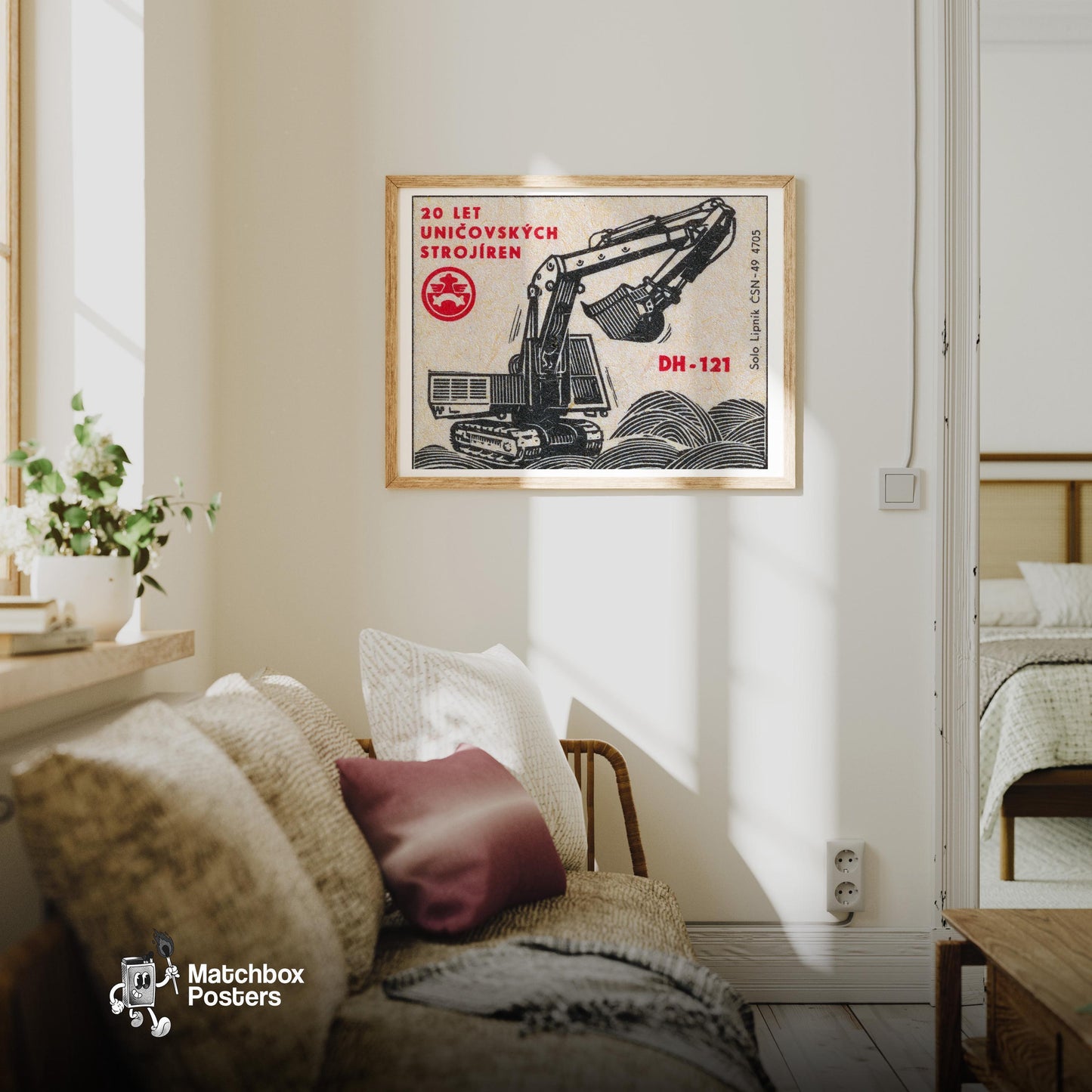 Excavator - vintage matchbox label print - living room mockup