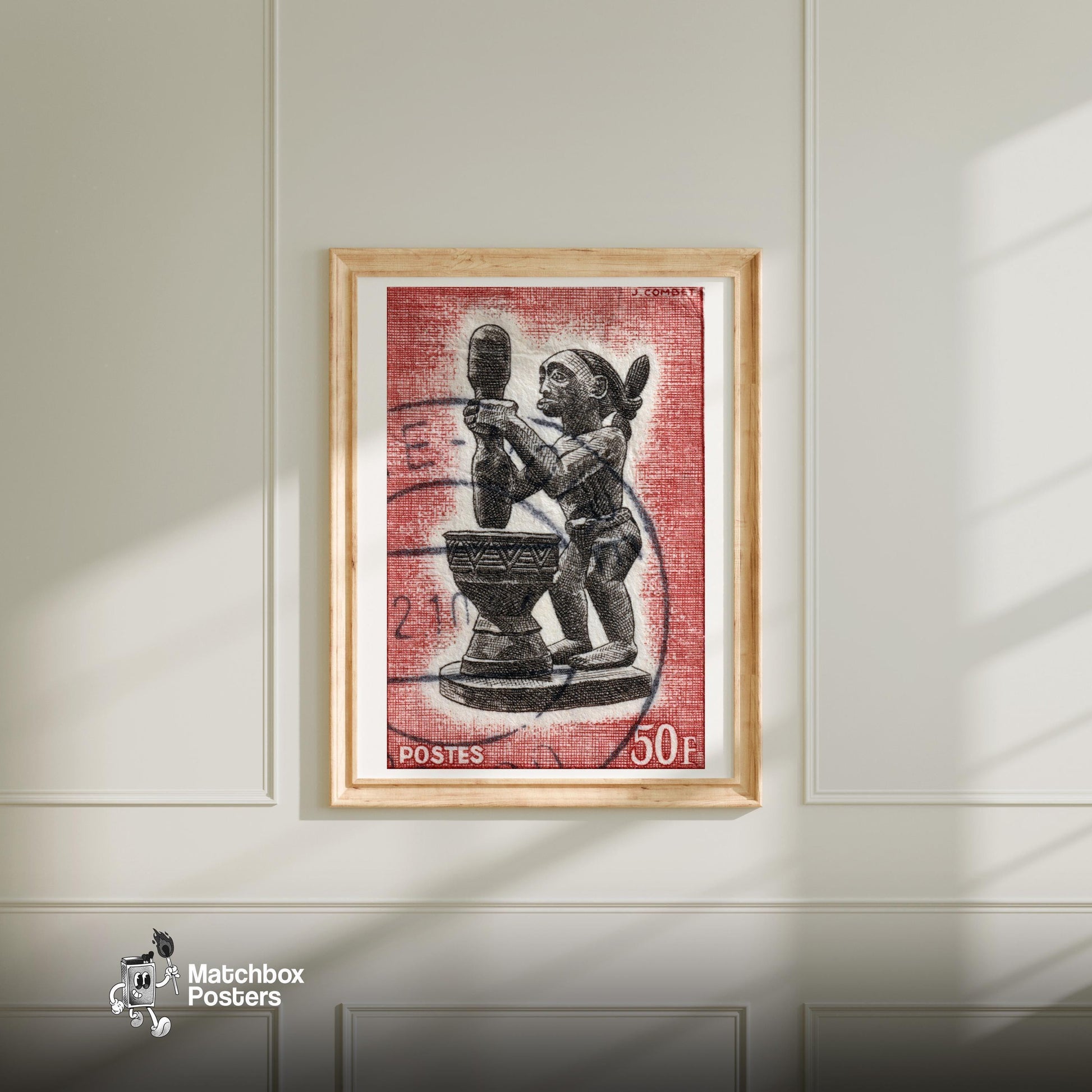 African Statue Holding A Drum - vintage matchbox label print - bedroom mockup