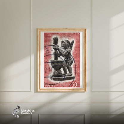 African Statue Holding A Drum - vintage matchbox label print - bedroom mockup