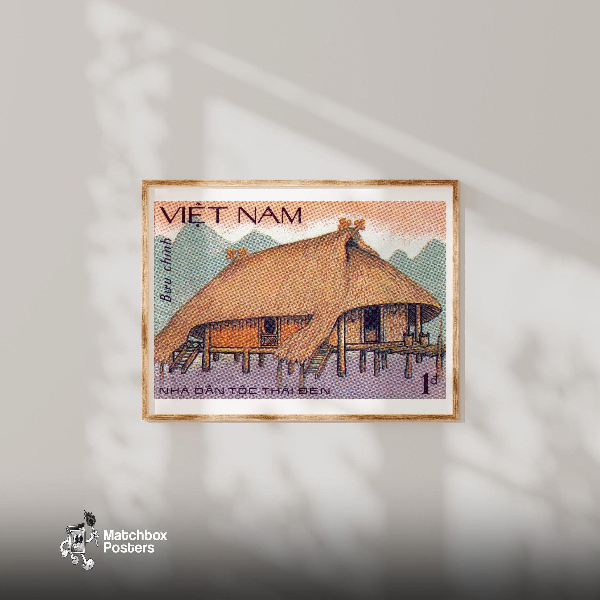 Traditional Vietnamese Stilt House - vintage matchbox label print - bedroom mockup