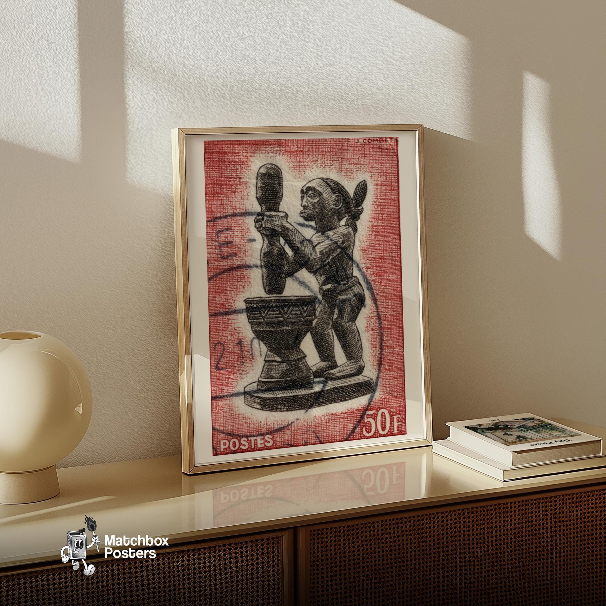 African Statue Holding A Drum - vintage matchbox label print - size comparison