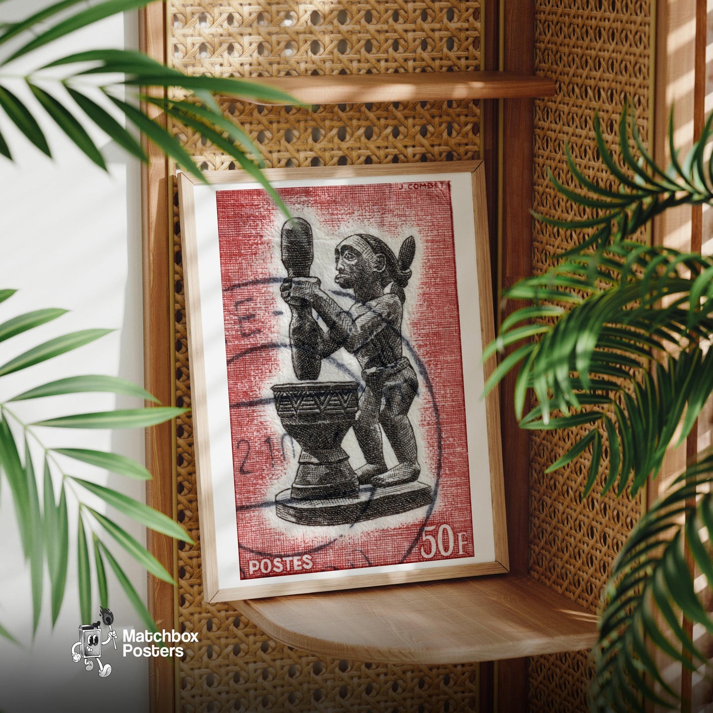 African Statue Holding A Drum - vintage matchbox label print - office wall