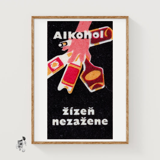 Hand Holding Alcohol Bottles - vintage matchbox label print