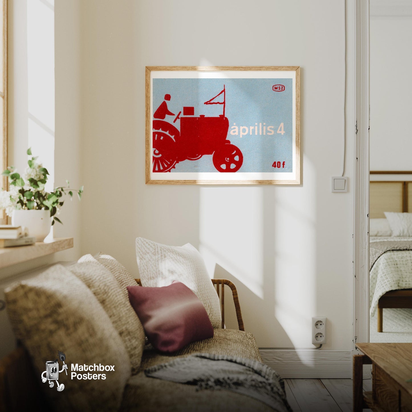 Red Tractor - vintage matchbox label print - living room mockup