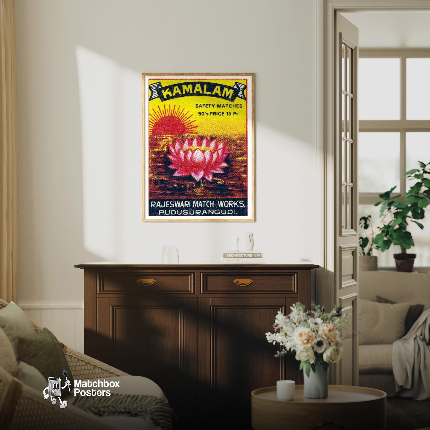 Pink Lotus - vintage matchbox label print - living room mockup