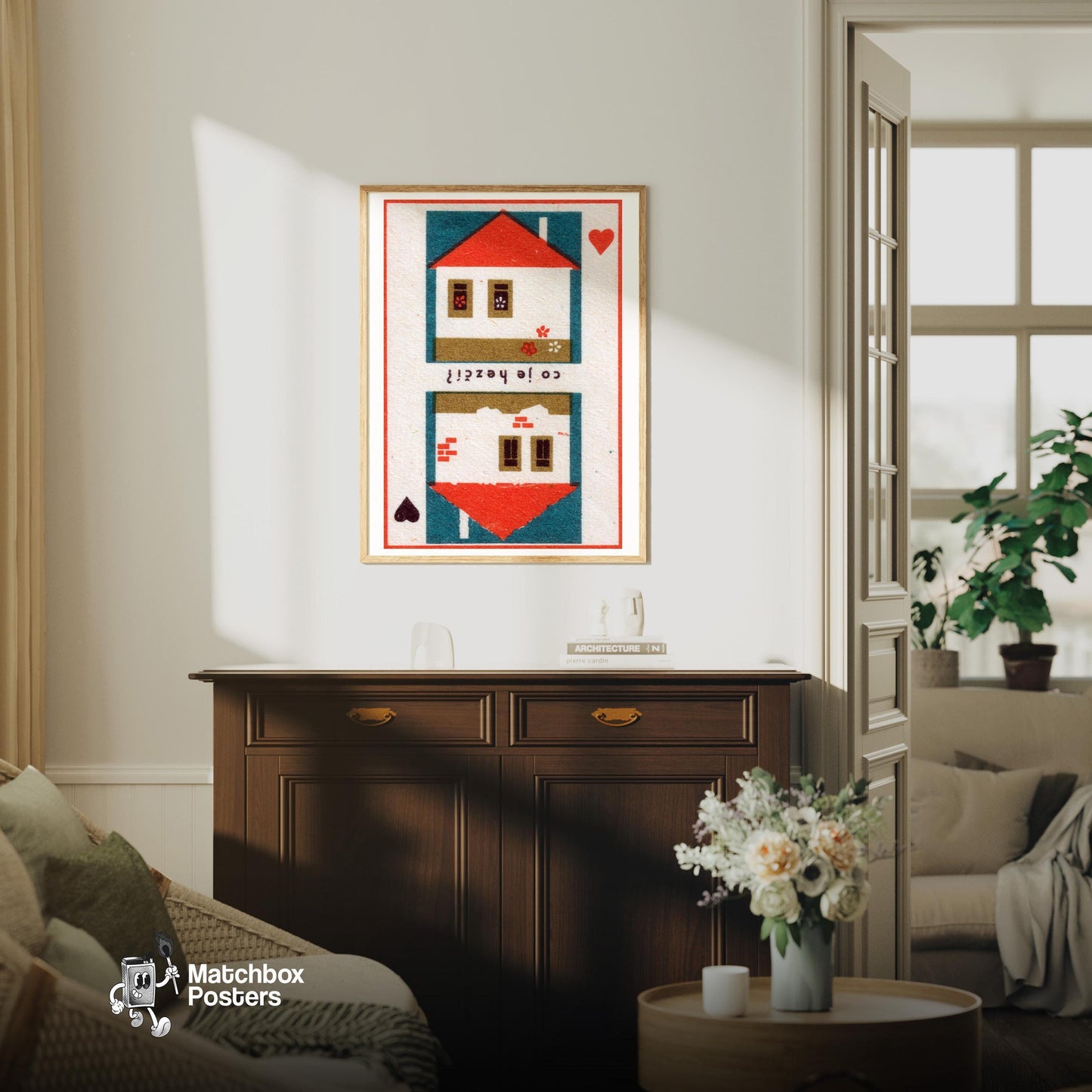 House - vintage matchbox label print - living room mockup