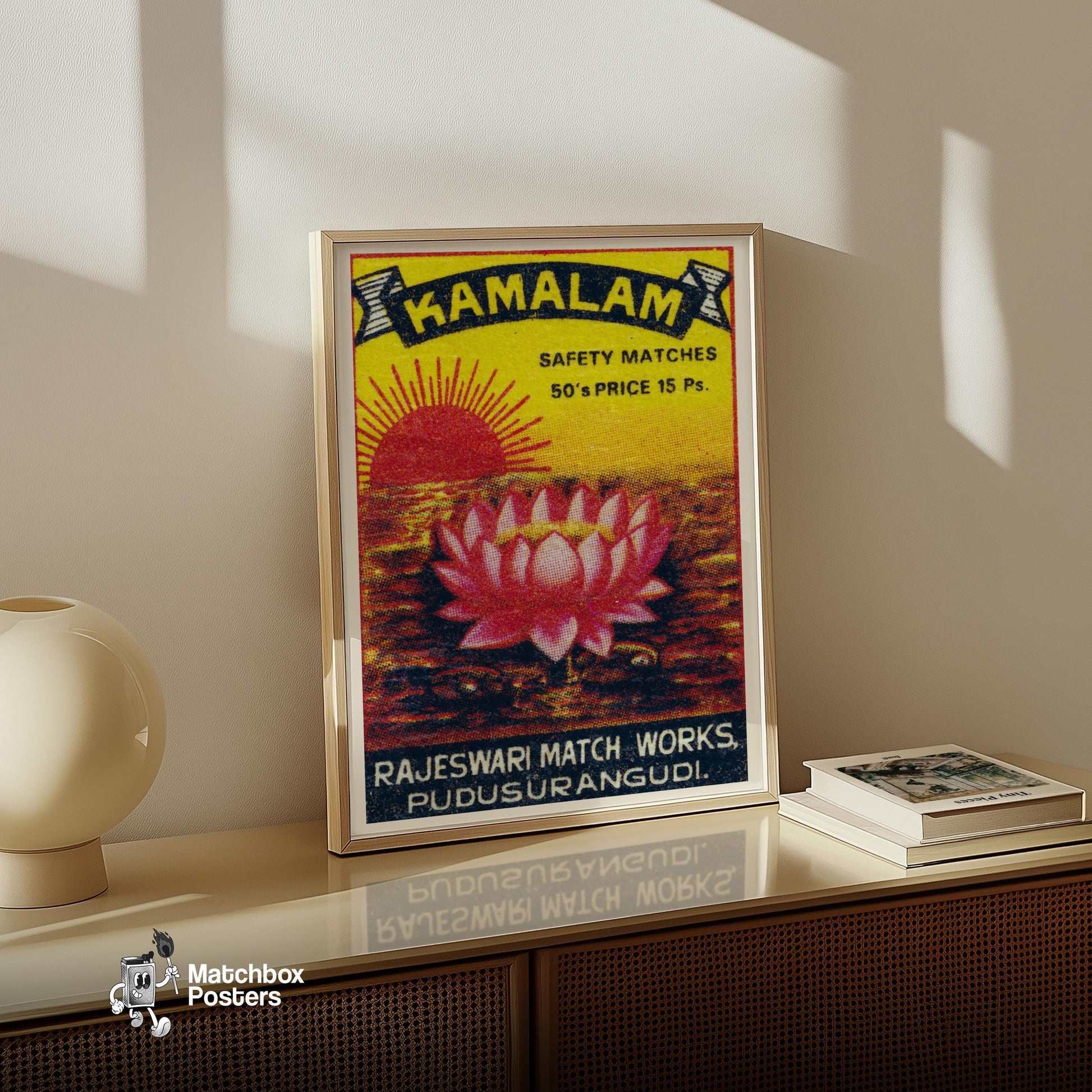 Pink Lotus - vintage matchbox label print - size comparison