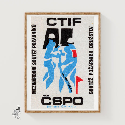 Blue Silhouette Of A Firefighter - vintage matchbox label print
