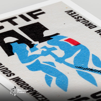 Blue Silhouette Of A Firefighter - vintage matchbox label print - close-up detail