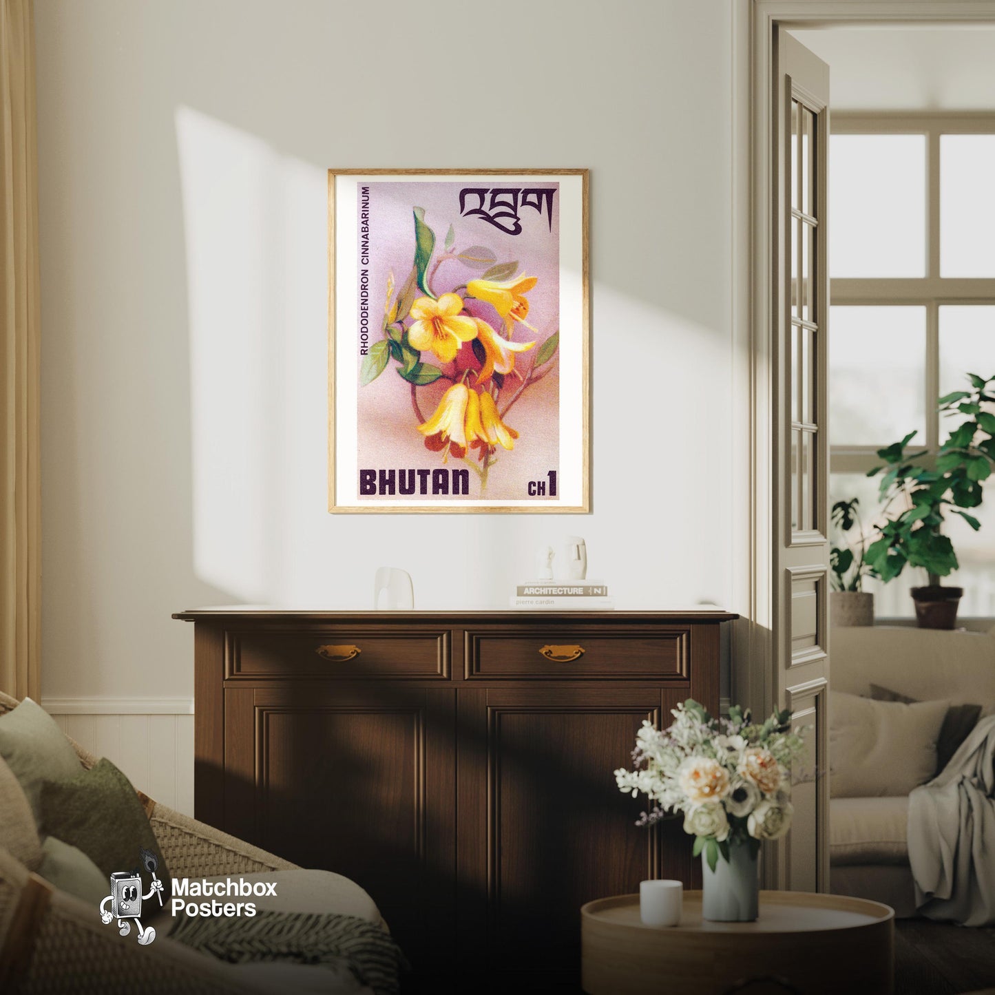 Yellow Rhododendron - vintage matchbox label print - living room mockup