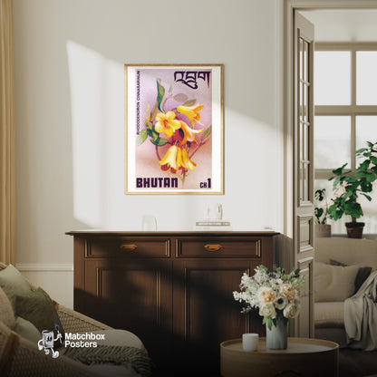 Yellow Rhododendron - vintage matchbox label print - living room mockup