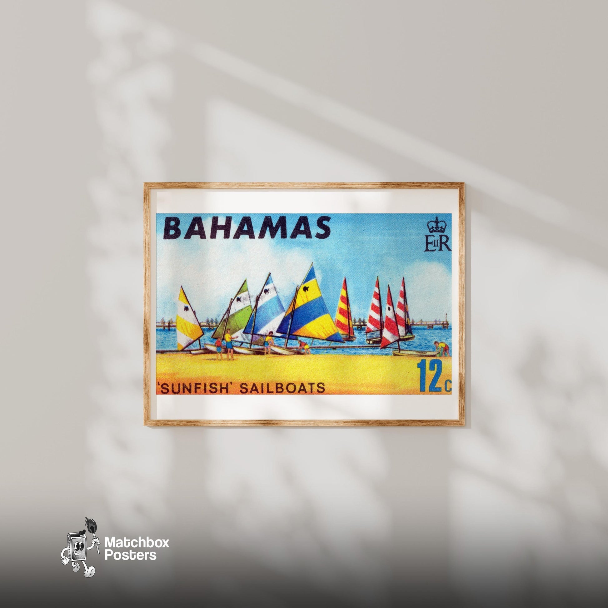 Colorful Sailboats - vintage matchbox label print - bedroom mockup