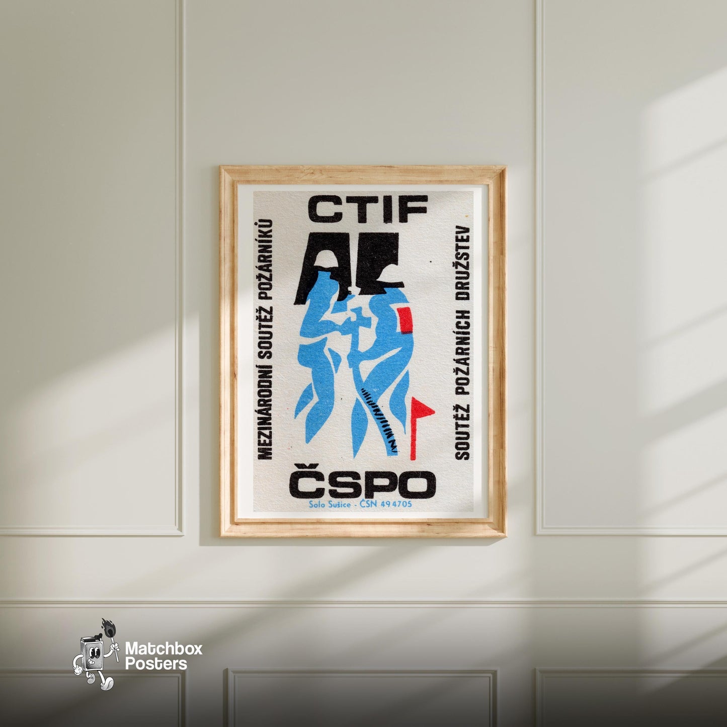 Blue Silhouette Of A Firefighter - vintage matchbox label print - bedroom mockup