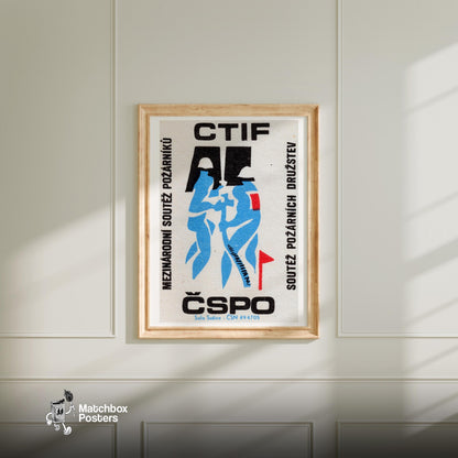 Blue Silhouette Of A Firefighter - vintage matchbox label print - bedroom mockup