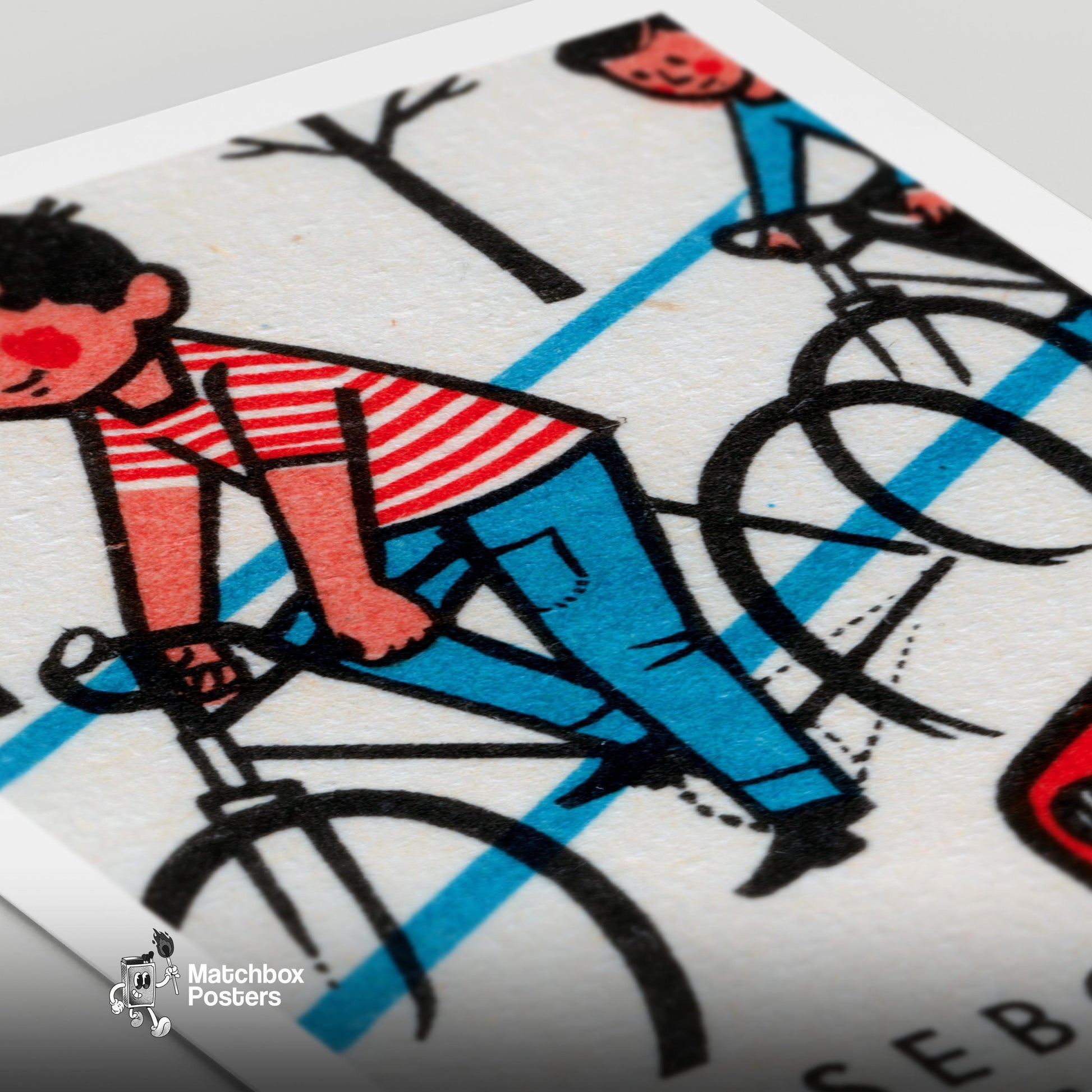 Boys Cycling - vintage matchbox label print - close-up detail