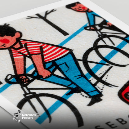 Boys Cycling - vintage matchbox label print - close-up detail
