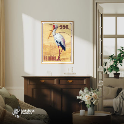 Mycteria Ibis - vintage matchbox label print - living room mockup